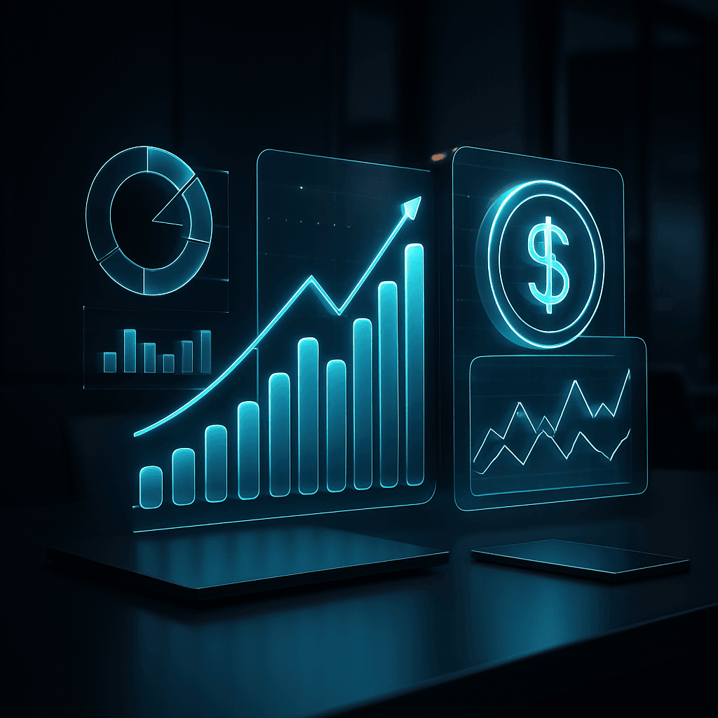 alt="industry specific website design for fintech with glowing holographic financial graphs in modern office"