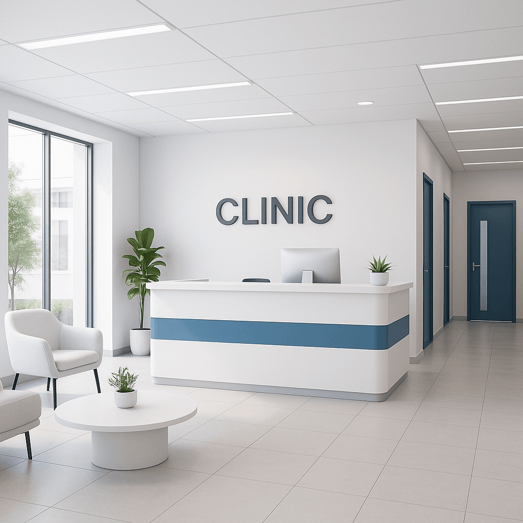 alt="industry specific website design for healthcare clinic with clean modern reception interior"