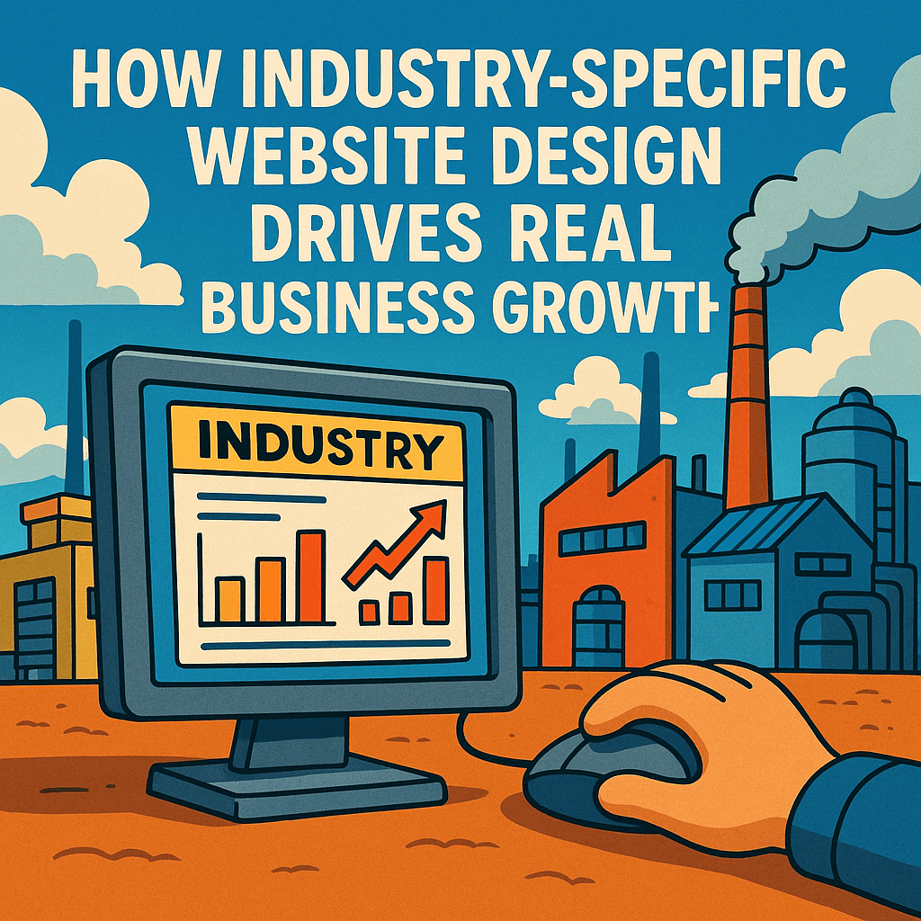 industry specific website design concept showing laptop with holographic house, healthcare cross, and fintech graphs
