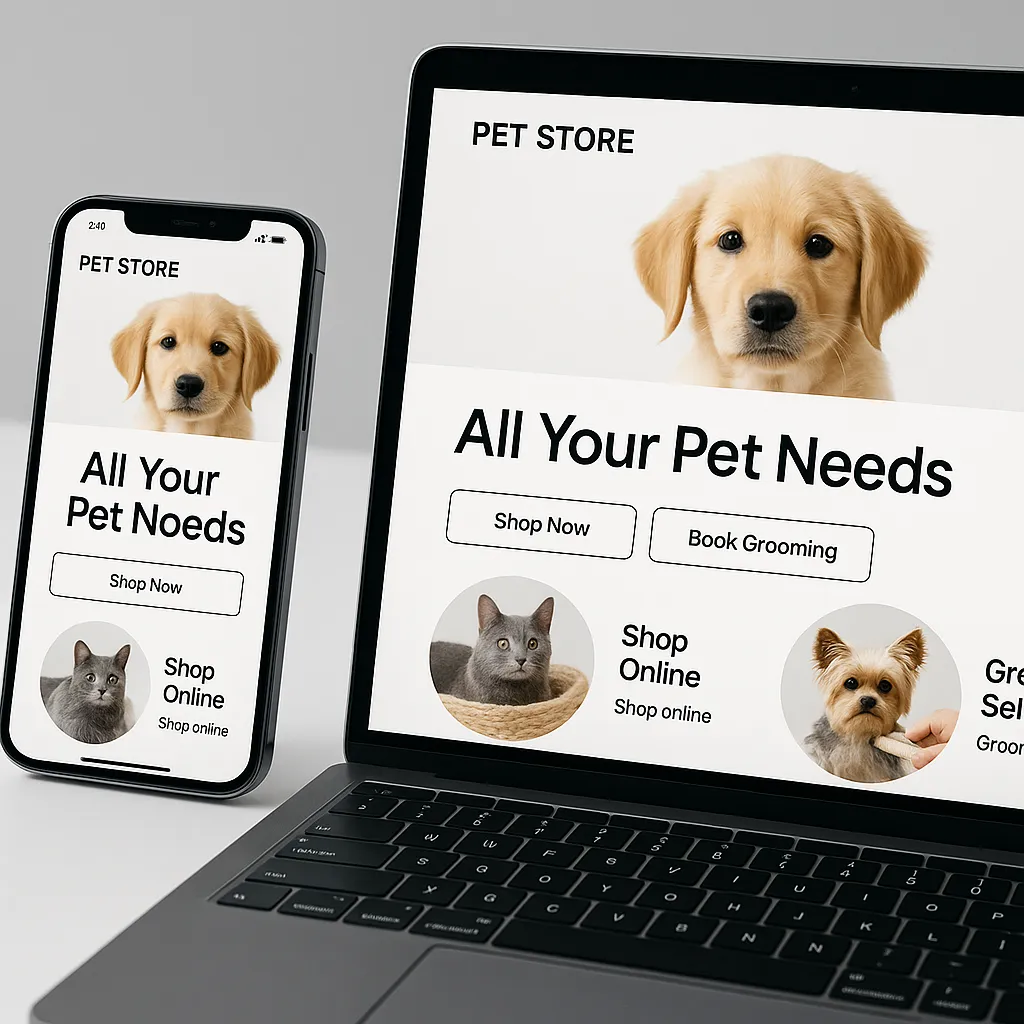 Modern pet store website redesign mockup on laptop and phone
