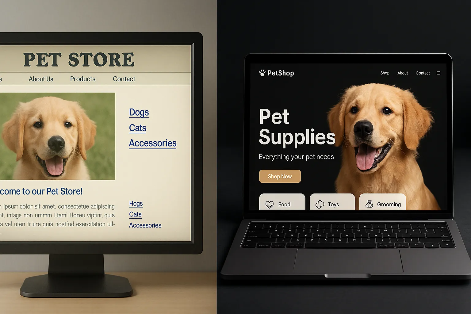 Side-by-side comparison: outdated vs modern pet shop website