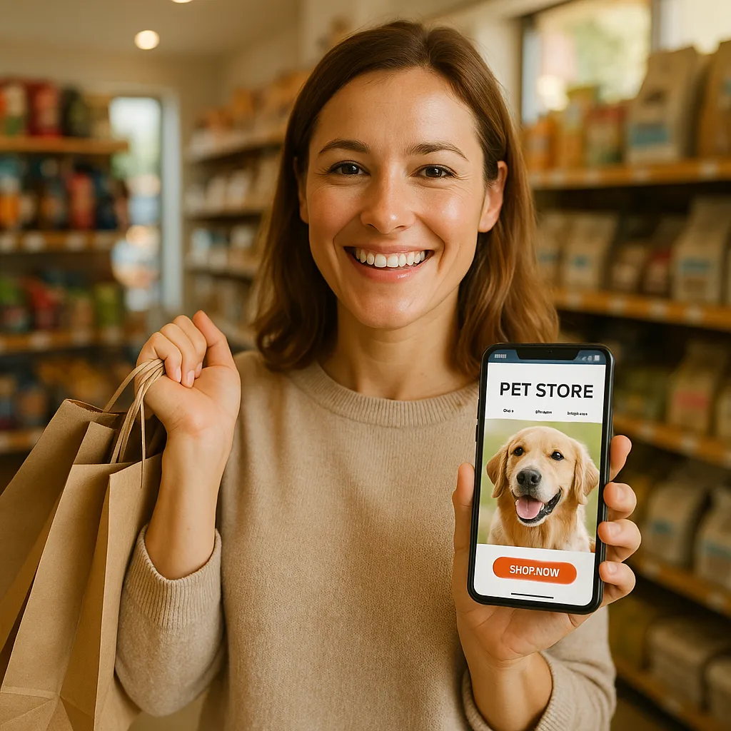 Happy pet owner browsing a pet shop website on smartphone