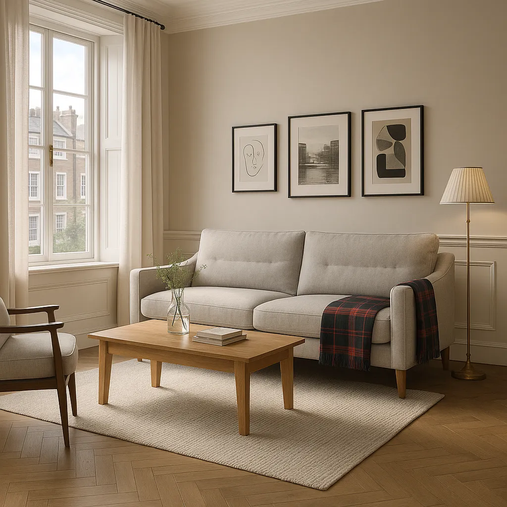 Hyper-realistic lifestyle render of a modern sofa in a bright UK townhouse living room