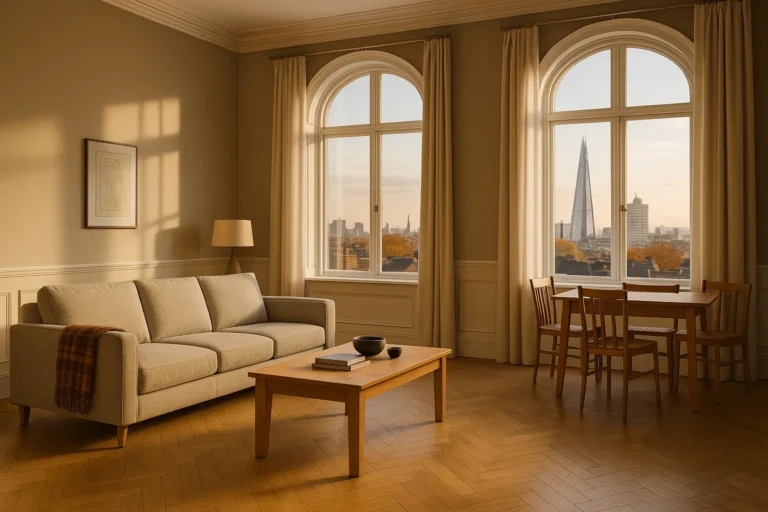 Modern UK furniture website redesign with 3D sofa render and London skyline interior