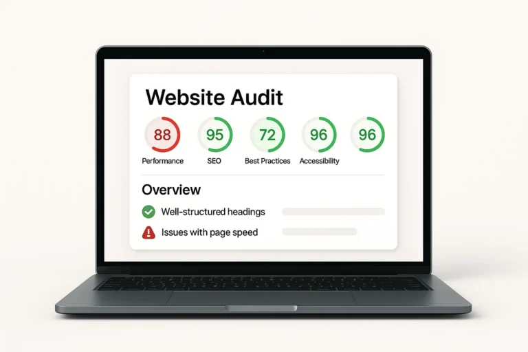 Run a website performance audit illustration with laptop showing webdesigncodes.com and SEO growth arrow.