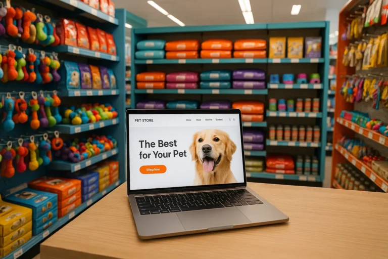 Laptop on a wooden counter in a pet store showing a modern website design with a golden retriever and text "The Best for Your Pet"