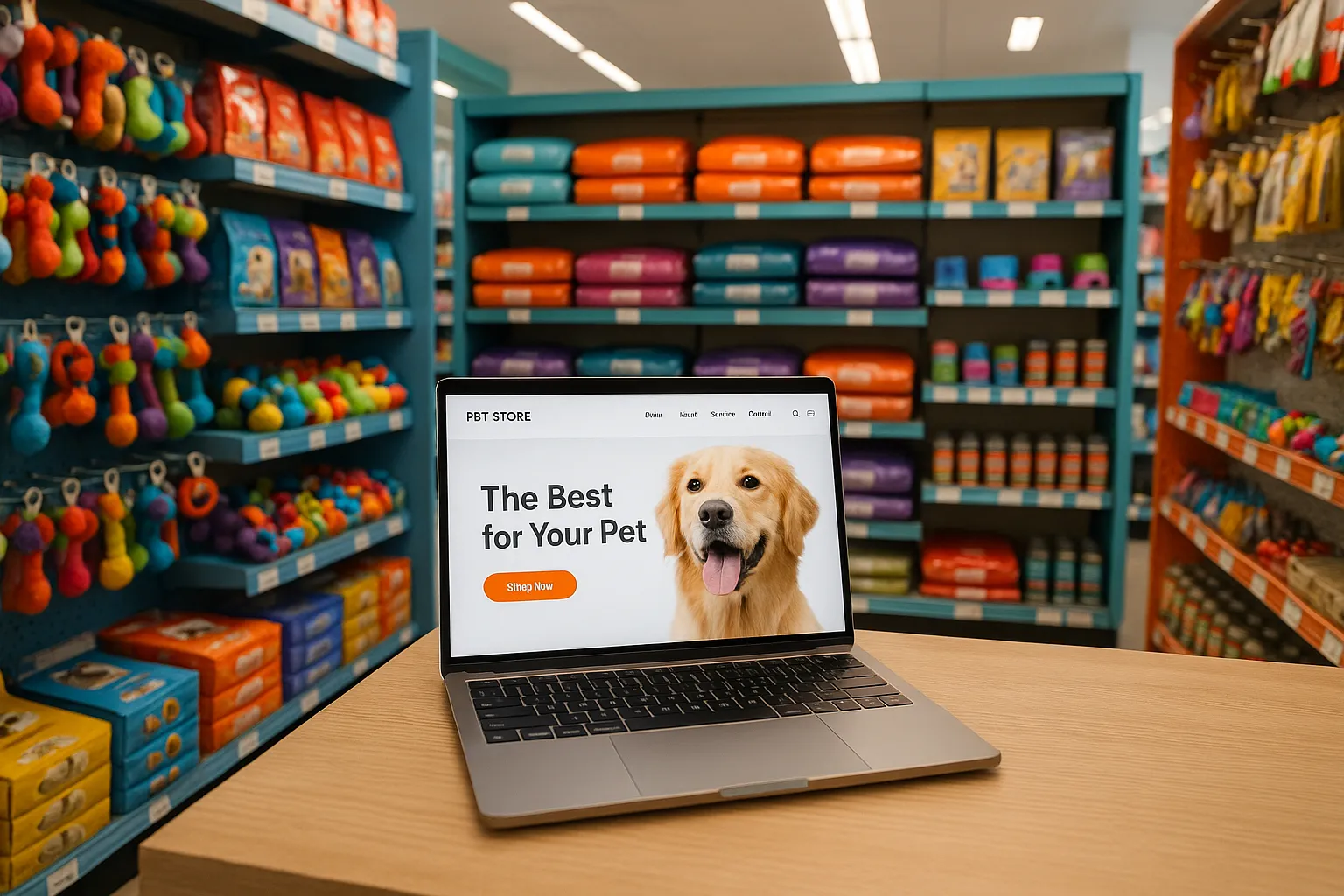 Laptop on a wooden counter in a pet store showing a modern website design with a golden retriever and text "The Best for Your Pet"